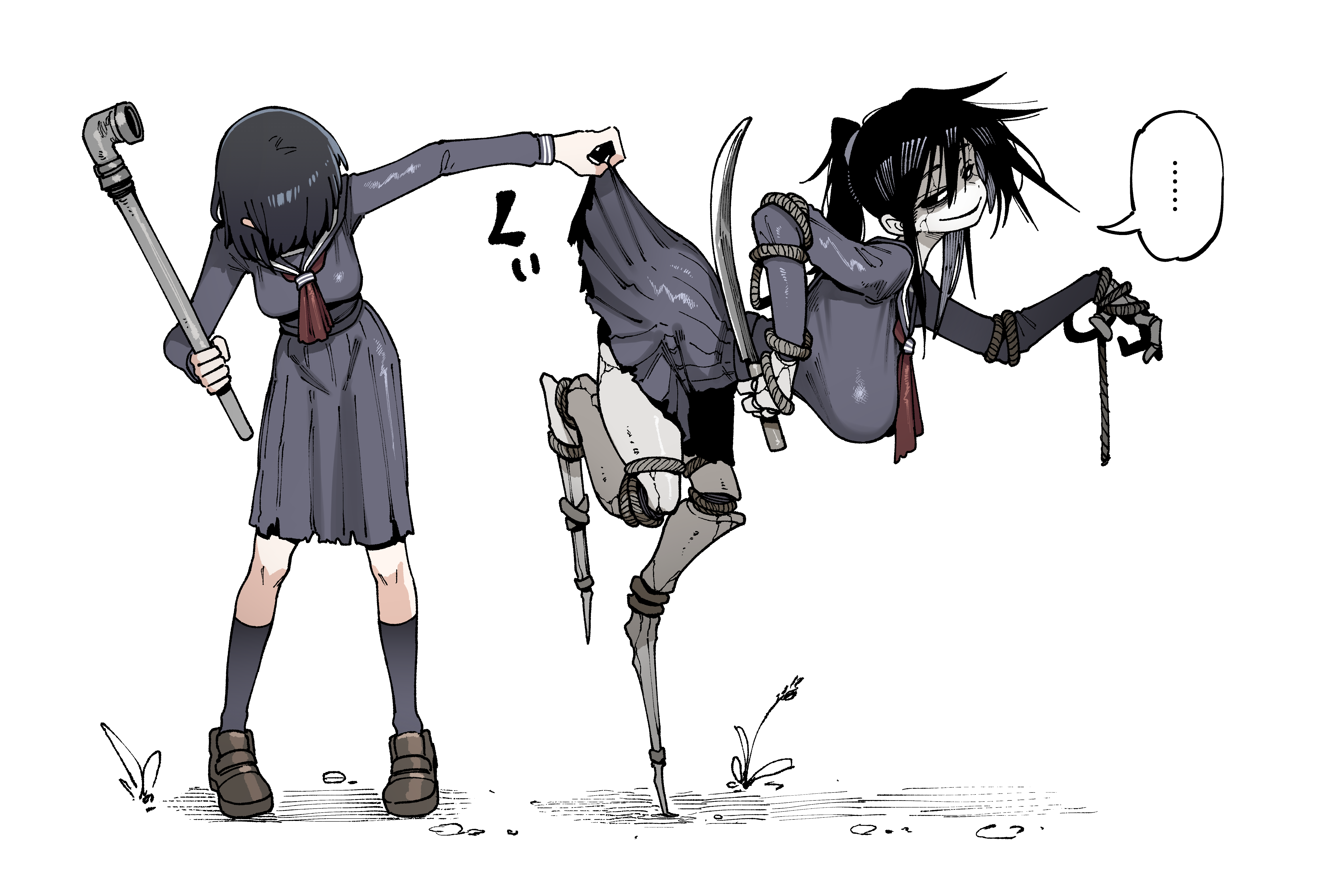 karasu raven, ayakakashi, shimizu hinako, silent hill, silent hill (series), silent hill f, ……, 2girls, ass, black hair, breasts, breasts size, clothes lift, clothes pull, female focus, height difference, holding, holding knife, holding weapon, huge ass, huge breasts, knife, large breasts, long skirt, looking at another, monster, monster girl, multiple girls, peeking, ponytail, pulling, pulling up skirt, sailor collar, school uniform, short hair, skirt, skirt hold, skirt lift, skirt pull, under skirt, weapon