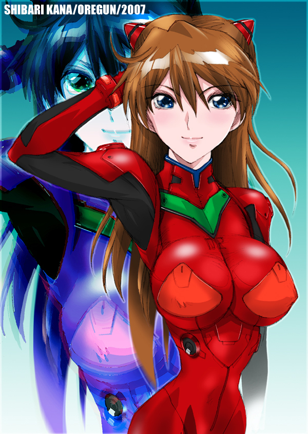 shibari kana, souryuu asuka langley, neon genesis evangelion, alternate breast size, 1girl, aqua background, armpits, blue eyes, bracer, breasts, brown hair, covered erect nipples, cowboy shot, dated, female focus, gradient background, hair between eyes, large breasts, long hair, mecha pilot suit, narrow waist, outline, parted bangs, plugsuit (evangelion), skin tight, solo, standing