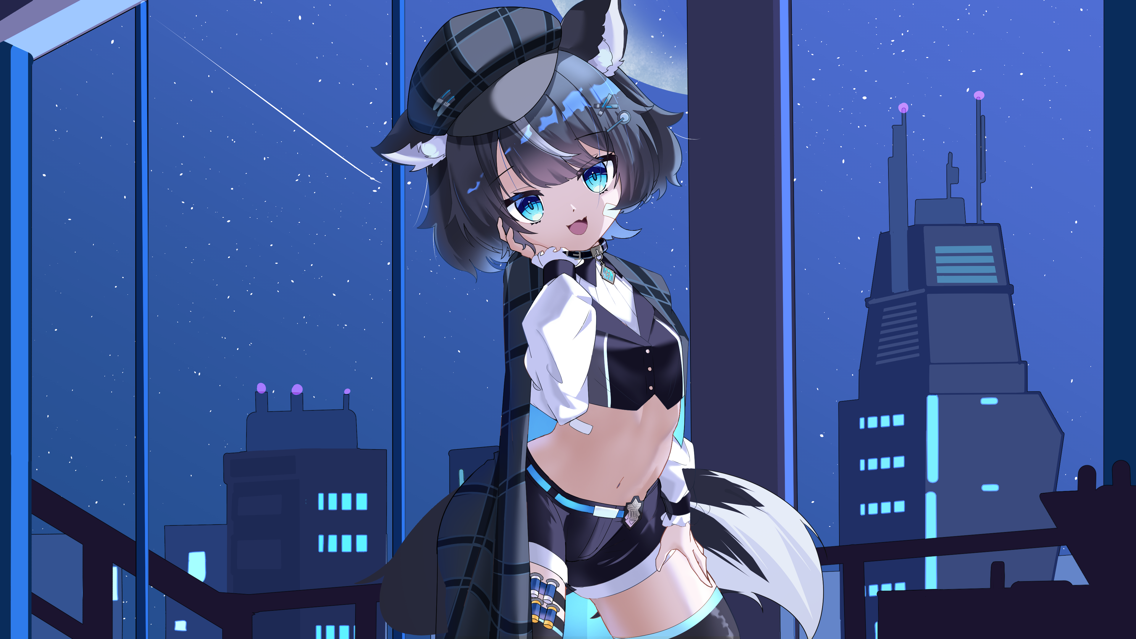 fangsie fido, variance project, absurdres, commission, highres, 1girl, animal ear fluff, animal ears, badge, belly, black hair, blue eyes, building, dog ears, dog tail, dress, hair ornament, hairclip, hand on own cheek, hand on own face, hat, indoors, jewelry, knee up, knees up, looking at viewer, navel, necklace, night, night sky, open mouth, pants, shirt, short hair, shorts, sky, skyscraper, solo, standing, tail, thighs, virtual youtuber