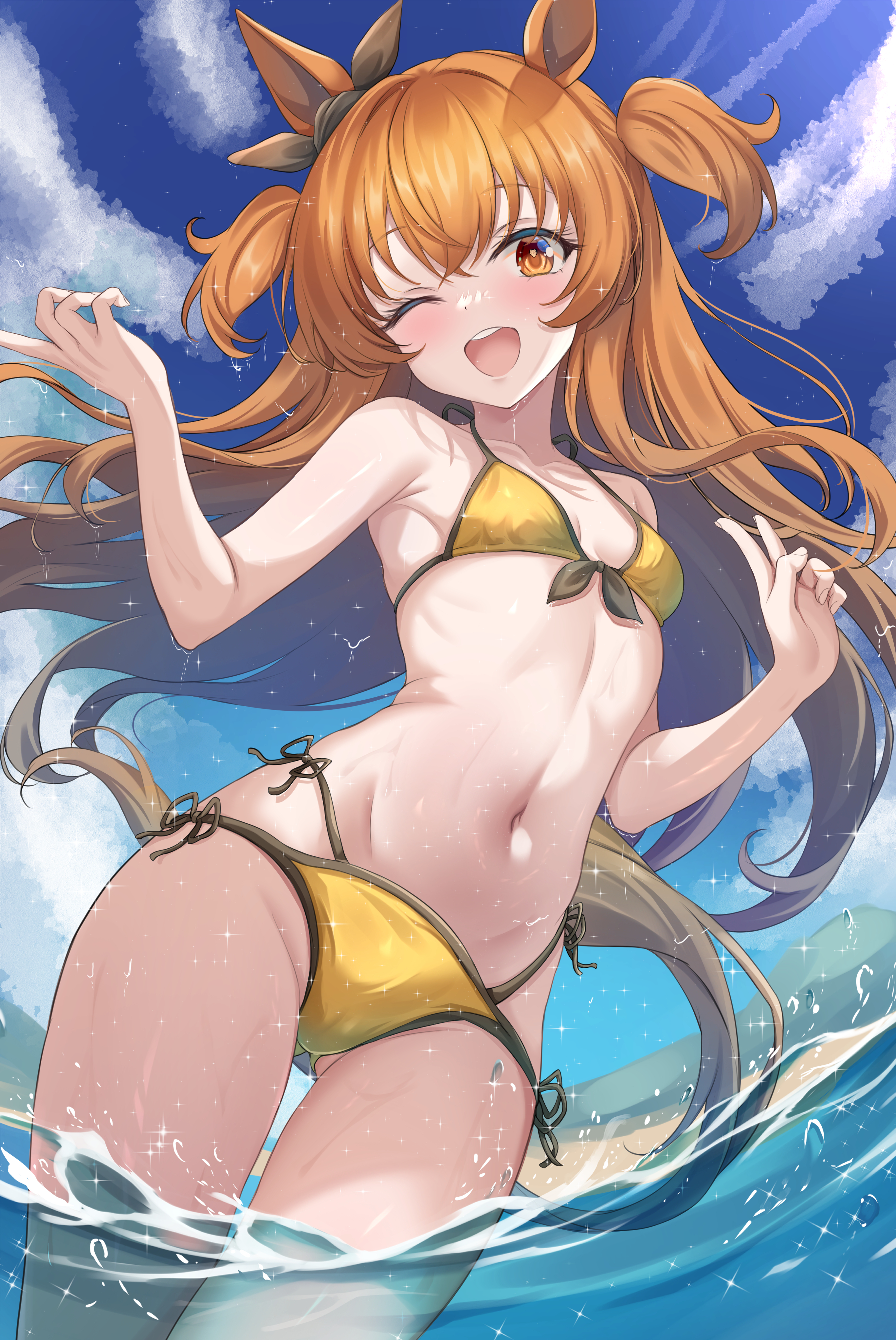 maimuu, mayano top gun (umamusume), umamusume, absurdres, highres, 1girl, alternate costume, animal ears, bikini, blue sky, blush, breasts, cloud, cloudy sky, crossed bangs, day, ear ornament, gluteal fold, hair between eyes, hair intakes, horse ears, horse girl, horse tail, long hair, looking at viewer, multi-strapped bikini bottom, navel, ocean, one eye closed, open clothes, open mouth, orange bikini, orange eyes, orange hair, orange tail, partially underwater shot, side-tie bikini bottom, sky, small breasts, smile, solo, stomach, swimsuit, tail, teeth, thighhighs, thighs, two side up, upper teeth only, v, wading, wet