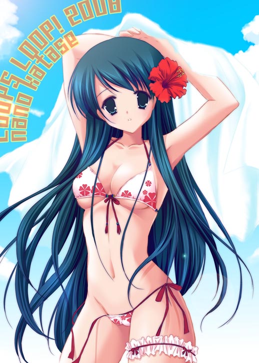 katase nano, untied, 1girl, :o, arms up, bikini, breasts, cowboy shot, day, female focus, floral print, flower, frilled thigh strap, hair flower, hair ornament, hibiscus, long hair, looking at viewer, medium breasts, navel, panties, print bikini, side-tie bikini bottom, side-tie panties, sky, solo, swimsuit, thigh strap, underwear, very long hair