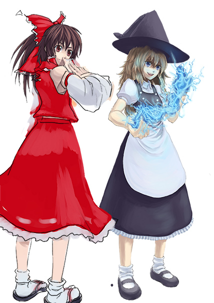 cuboon, hakurei reimu, kirisame marisa, touhou, 2girls, apron, blonde hair, blue eyes, bobby socks, brown hair, detached sleeves, female focus, full body, hat, mary janes, multiple girls, ofuda, puffy short sleeves, puffy sleeves, red eyes, red skirt, shoes, short sleeves, skirt, socks, standing, vest, waist apron, witch hat