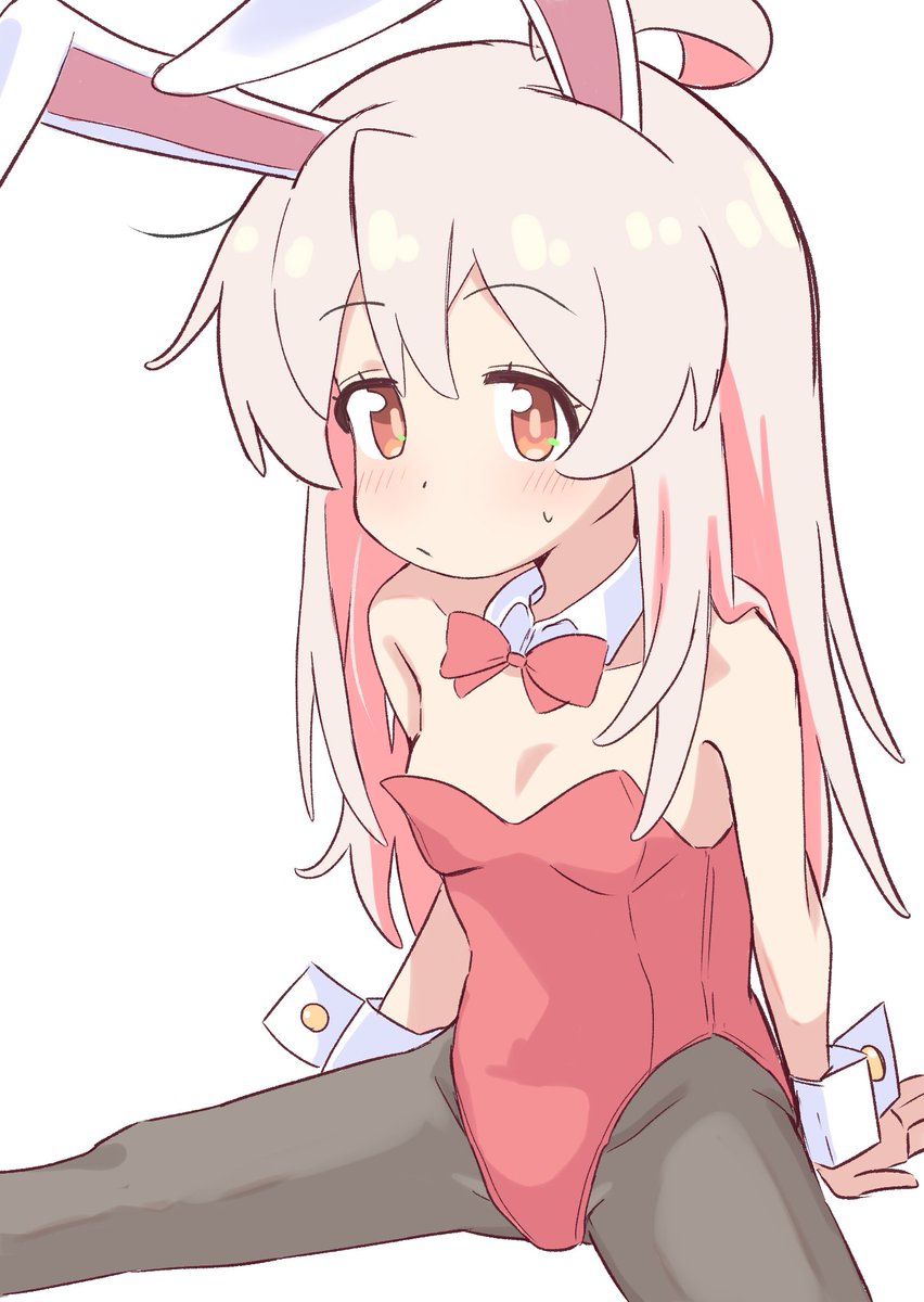 riannn desu, oyama mahiro, onii-chan wa oshimai!, commentary, highres, 1girl, ahoge, animal ears, bare arms, bare shoulders, black pantyhose, bow, bowtie, breasts, brown eyes, detached collar, leotard, light blush, long hair, looking at viewer, official alternate costume, pantyhose, pink hair, playboy bunny, rabbit ears, red bow, red bowtie, red leotard, simple background, sitting, small breasts, solo, strapless, strapless leotard, white background, wrist cuffs
