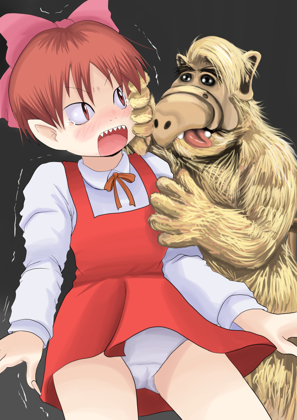 nullhachi, gordon shumway, nekomusume, alf, gegege no kitarou, toei company, bad id, bad pixiv id, 1girl, alien, blush, bow, brown hair, crossover, crotch, hair bow, hair ornament, loli, open mouth, panties, pantyshot, pink bow, pointy ears, ribbon, scared, short hair, tears, trembling, underwear, what, white panties, you gonna get raped