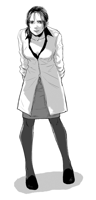 aurum (heyyou), aurum, naomi hunter, metal gear (series), metal gear solid, metal gear solid 4: guns of the patriots, 1girl, doctor, female focus, greyscale, monochrome, pantyhose, scientist, sleeves rolled up, solo
