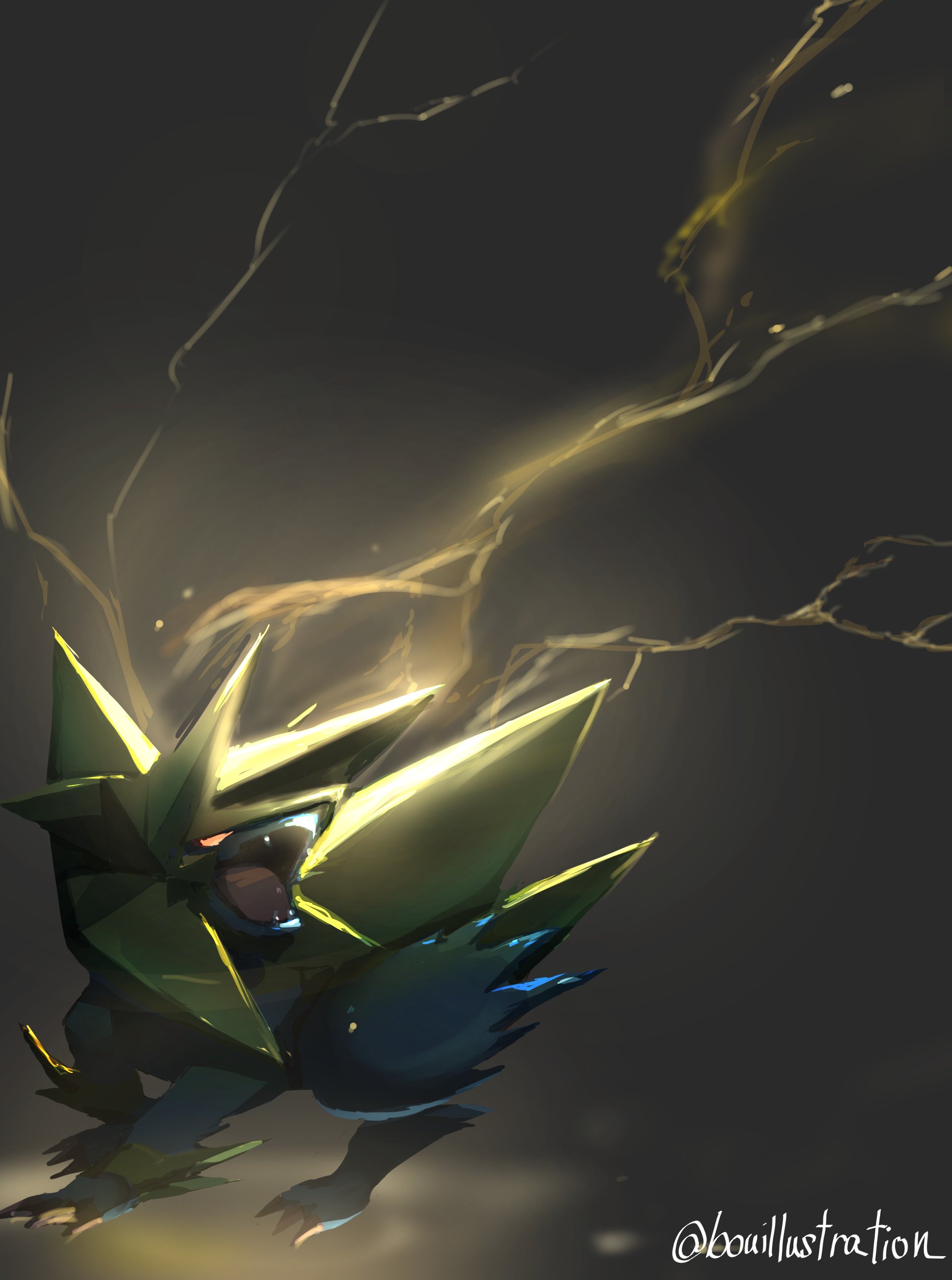 bo (bouillustration), manectric, mega manectric, nintendo, pokemon, absurdres, highres, animal focus, claws, electricity, fangs, gen 3 pokemon, mega pokemon, no humans, open mouth, pokemon (creature), pokemon focus, red eyes, spikes, yellow fur