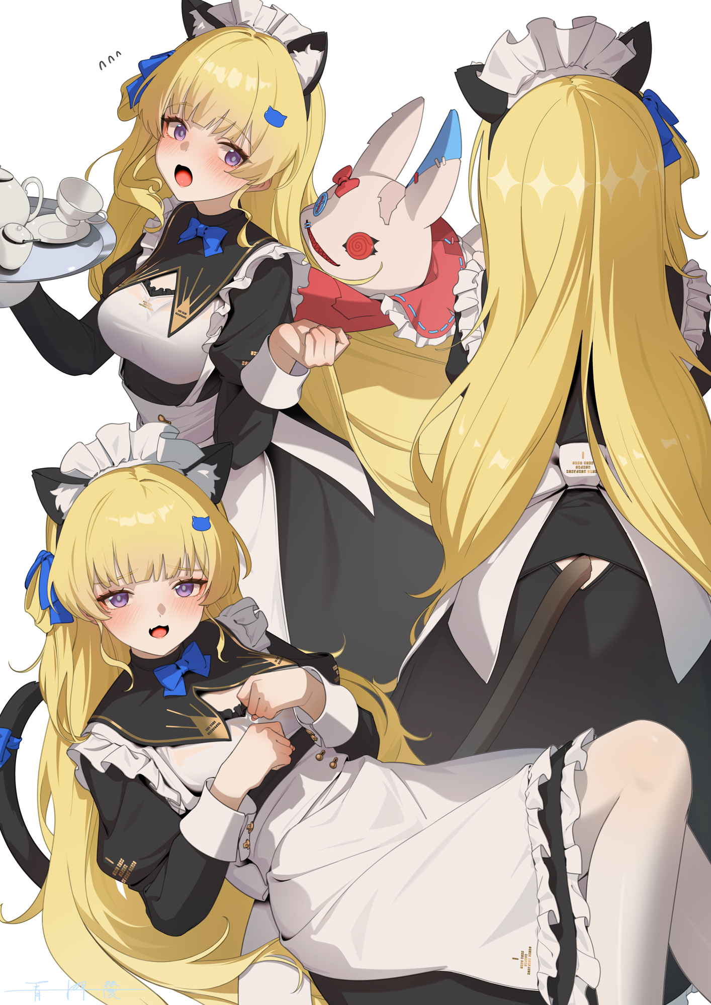 meda, phoebe (wuthering waves), wuthering waves, commentary, highres, 1girl, alternate costume, animal ear hairband, animal ears, apron, black dress, blonde hair, blue ribbon, blush, breasts, cat ear hairband, cat ears, cat tail, dress, enmaided, fake animal ears, fake tail, flying sweatdrops, hair ribbon, hairband, hands up, holding, holding tray, long dress, long hair, long sleeves, looking at viewer, lottie lost (wuthering waves), maid, maid headdress, medium breasts, multiple views, open mouth, pantyhose, paw pose, purple eyes, ribbon, simple background, smile, tacet discord (wuthering waves), tail, tray, very long hair, white background, white pantyhose