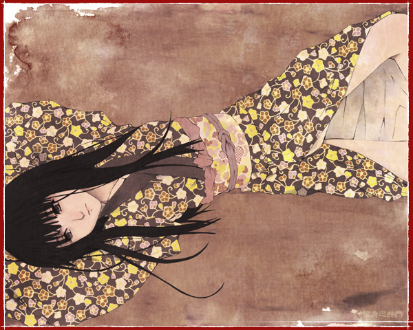 takano kou, 1girl, black hair, border, female focus, japanese clothes, kimono, long hair, lying, red border, solo