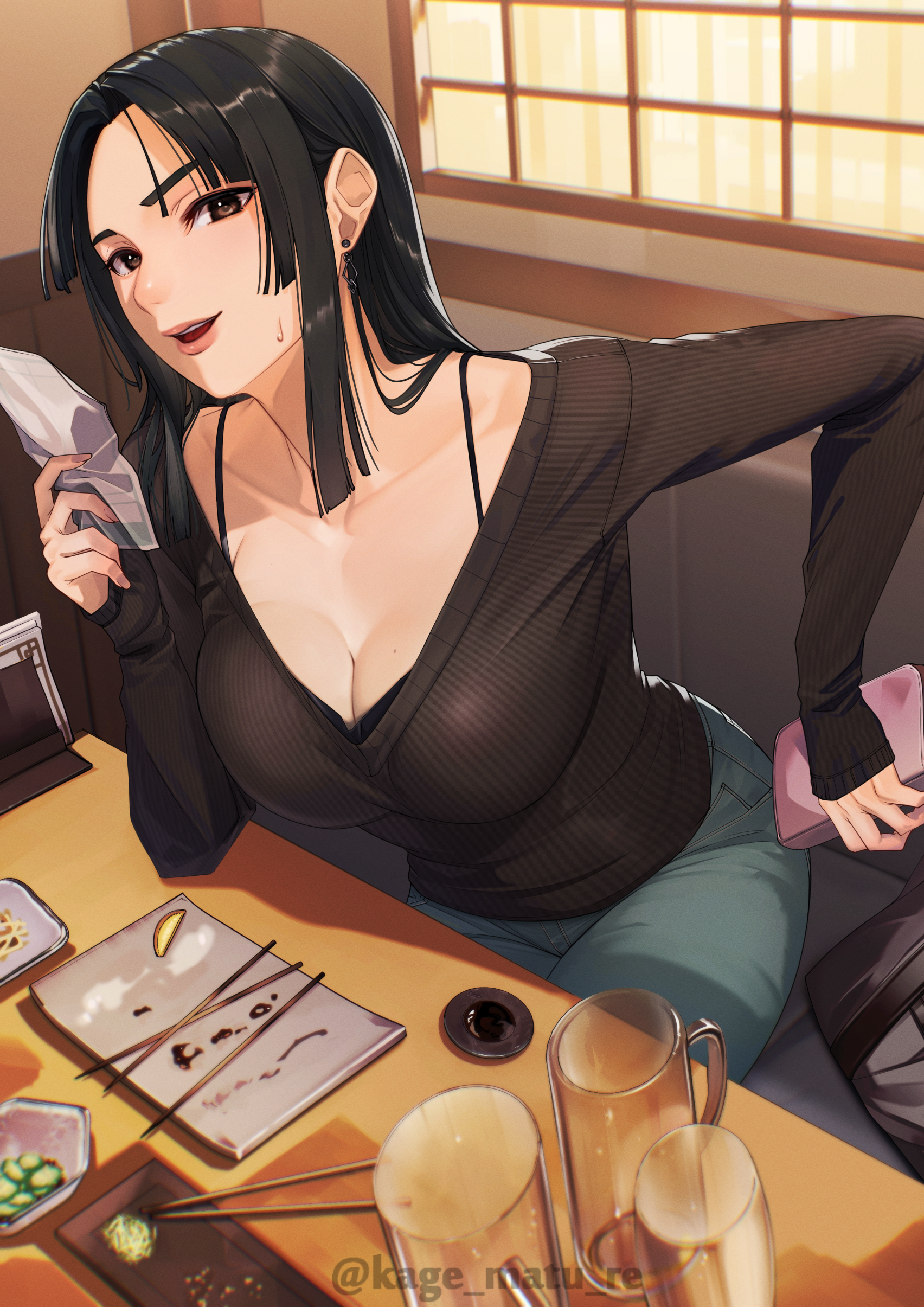 kagematsuri, original, absurdres, highres, 1girl, bag, black hair, blunt ends, booth seating, bra strap, breasts, brown eyes, chopsticks, cleavage, collarbone, cup, denim, drinking glass, earrings, elbow on table, elbow rest, fingernails, food, handbag, holding, holding wallet, indoors, jeans, jewelry, large breasts, lips, long fingernails, long hair, long sleeves, looking at viewer, mature female, mole, mole on breast, open mouth, pants, parted bangs, plate, restaurant, ribbed sweater, shirt, sitting, smile, solo, soy sauce, straight hair, sweat, sweater, table, teeth, tray, twitter username, upper teeth only, wallet