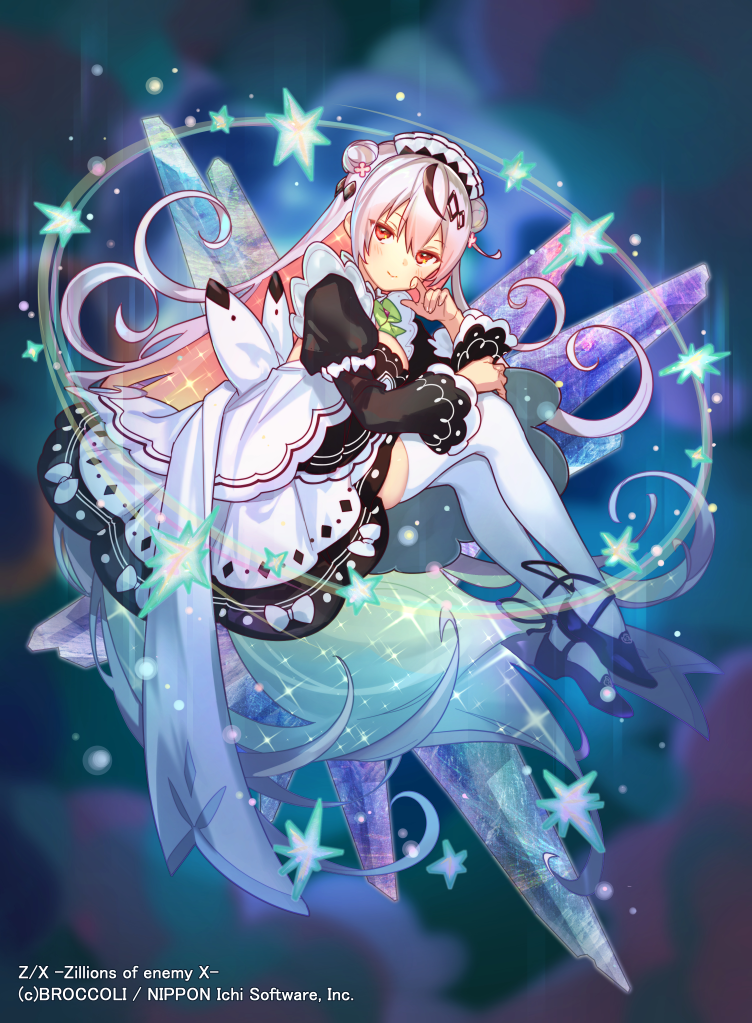 logi bunbukucha, z/x, official art, 1girl, aqua hair, black hair, black shoes, closed mouth, copyright notice, double bun, gem, grey hair, hair bun, hair ornament, long hair, maid, maid headdress, multicolored hair, orange hair, purple hair, red eyes, shoes, solo, sparkle, thighhighs, very long hair, white thighhighs, yith (z/x)