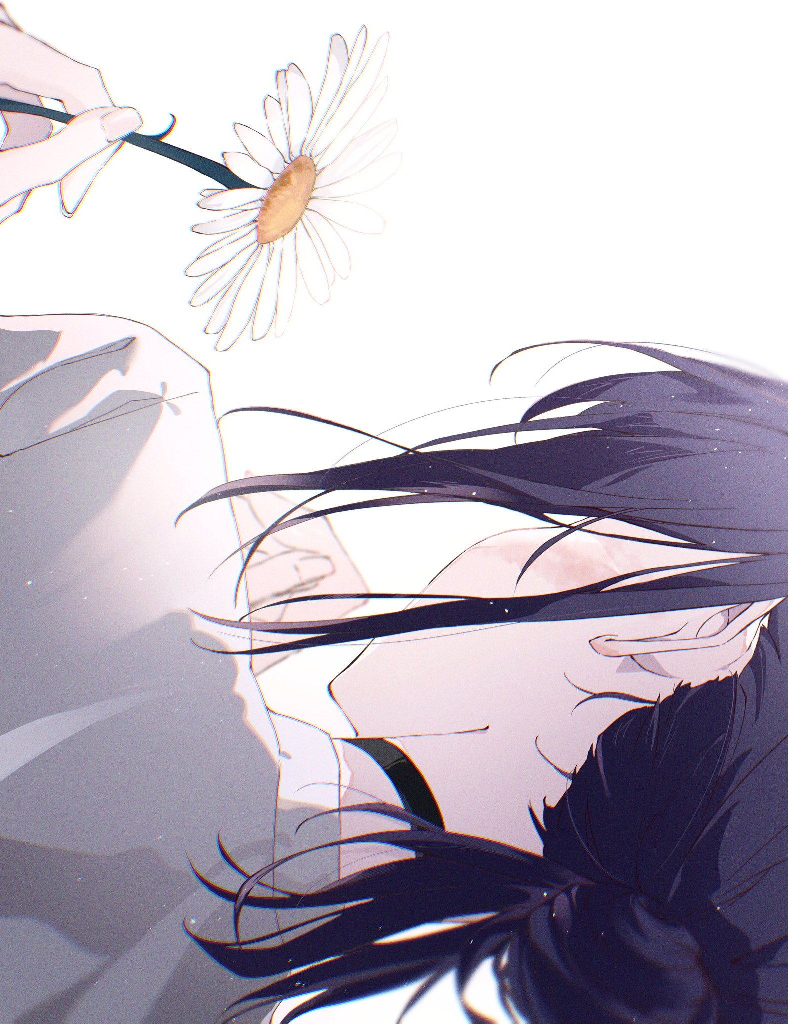 hp 001, reze (chainsaw man), chainsaw man, highres, 1girl, black choker, black hair, black ribbon, choker, flower, hair bun, neck ribbon, ribbon, shirt tucked in, single hair bun, solo