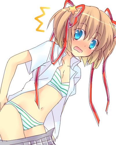 fuyuichi, kamikita komari, little busters!, lowres, 1girl, blonde hair, blue eyes, blush, bra, female focus, hair ribbon, lingerie, matching underwear, open clothes, open shirt, panties, ribbon, shirt, short hair, skirt, solo, star (symbol), striped bra, striped clothes, striped panties, surprised, underwear, undressing
