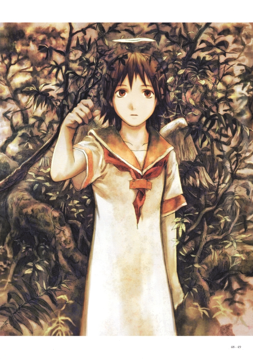 abe yoshitoshi, rakka (haibane renmei), haibane renmei, artbook, highres, 00s, angel wings, brown eyes, brown hair, halo, school uniform, serafuku, solo, static cling, traditional halo, wings