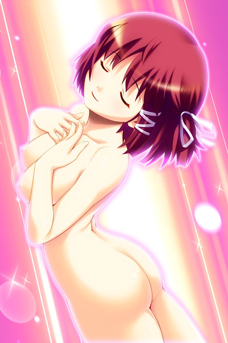 highres, ass, breasts, closed eyes, red hair, short hair, smile