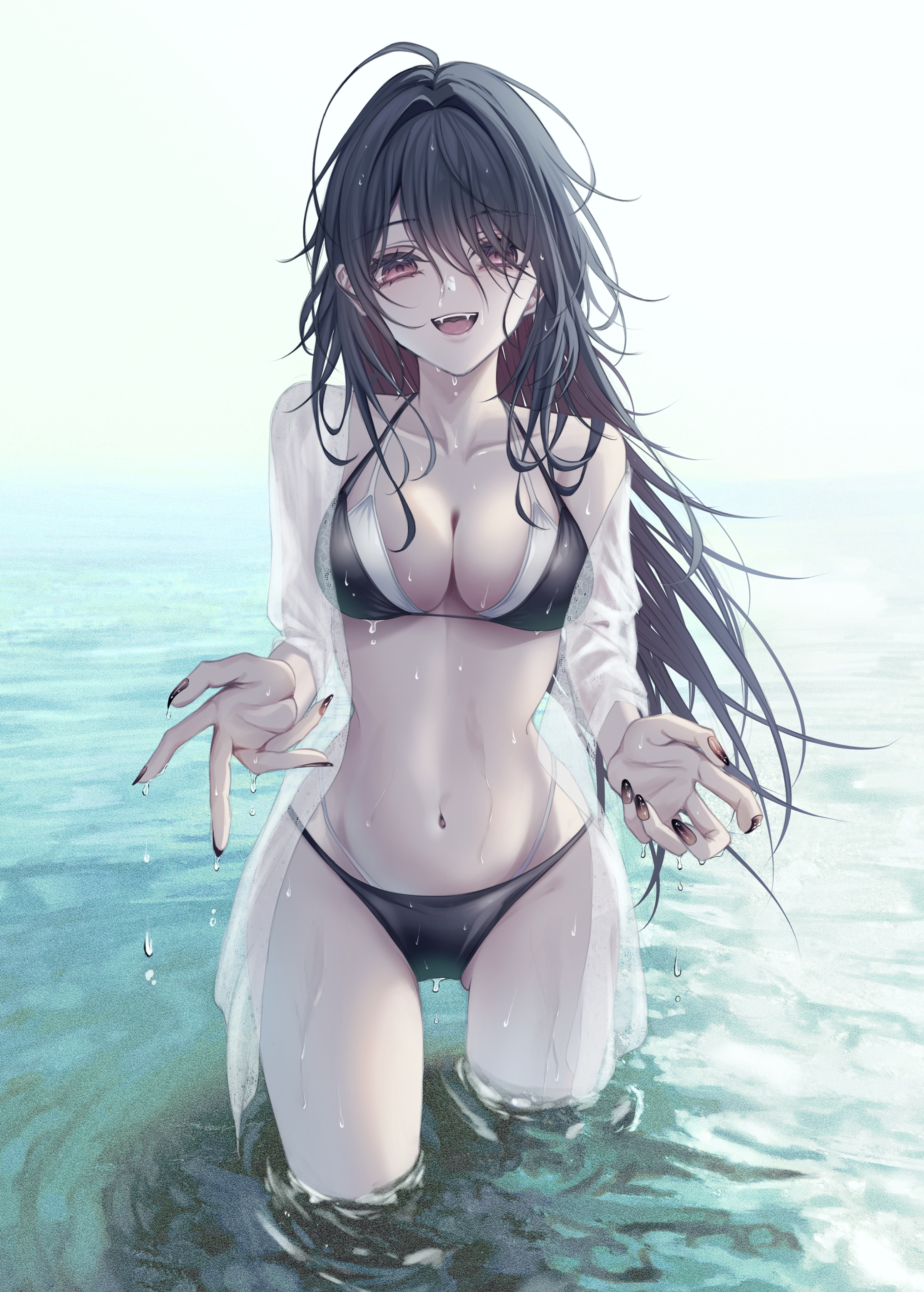 haru (haru83380282), kisaragi ren (vtuber), vspo!, absurdres, commentary request, highres, 1girl, ahoge, alternate costume, bikini, black bikini, black hair, breasts, cleavage, collarbone, colored inner hair, fangs, fingernails, gradient nails, hair between eyes, hair over one eye, layered bikini, long hair, looking at viewer, medium breasts, messy hair, multicolored hair, nail polish, navel, open mouth, red eyes, red hair, smile, solo, standing, stomach, swimsuit, swimsuit cover-up, virtual youtuber, wading, water, wet