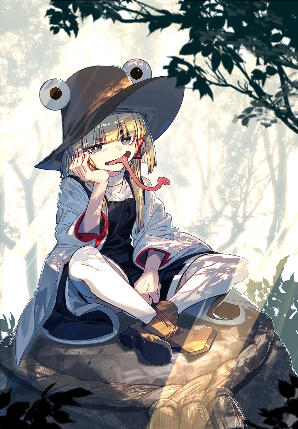 zounose, moriya suwako, touhou, commentary request, highres, 1girl, blonde hair, blunt bangs, boots, brown boots, brown hat, day, full body, hair ribbon, hand on own cheek, hand on own face, hat, indian style, kaname-ishi, long tongue, looking at viewer, on rock, open mouth, outdoors, purple skirt, purple vest, red ribbon, ribbon, rope, shimenawa, shirt, short hair with long locks, sitting, skirt, solo, sunlight, thighhighs, tongue, tongue out, tree, tress ribbon, vest, white shirt, white thighhighs, yellow eyes