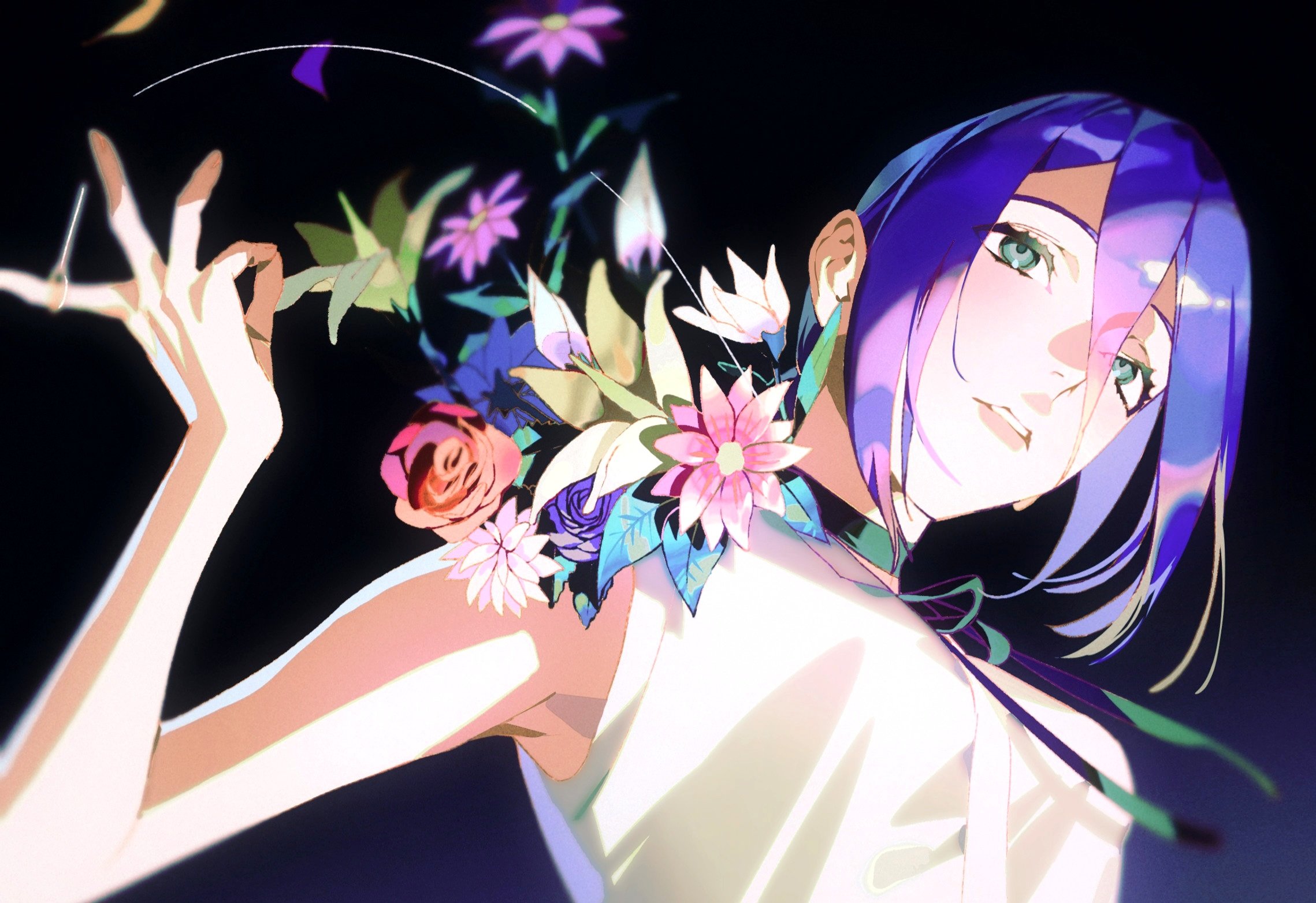 gusamo, reze (chainsaw man), chainsaw man, highres, 1girl, black choker, black ribbon, breasts, choker, flower, green eyes, grenade pin, hair between eyes, hair bun, imminent explosion, neck ribbon, open mouth, purple hair, ribbon, shirt, simple background, single hair bun, sleeveless, sleeveless shirt, solo, white shirt