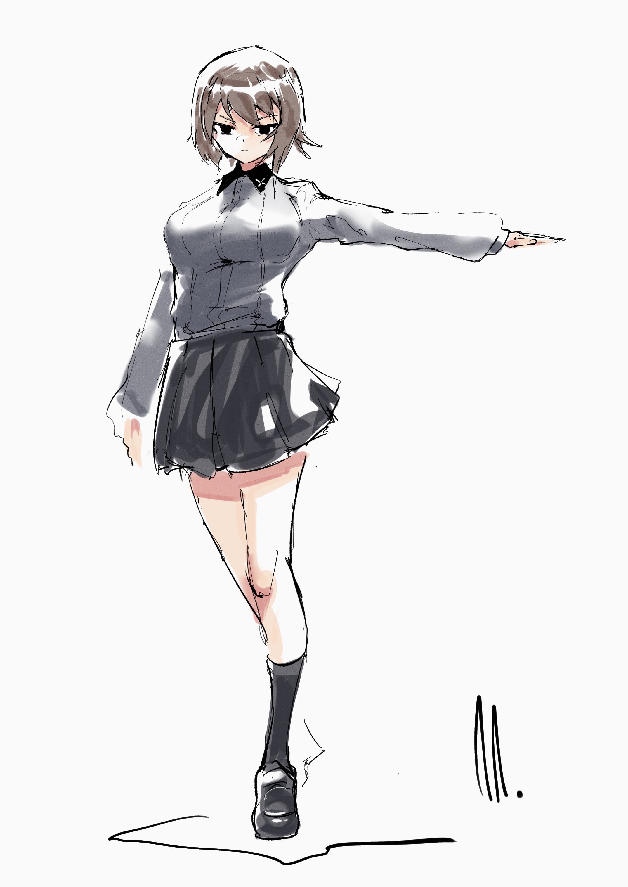 ringring (artist), nishizumi maho, girls und panzer, absurdres, highres, 1girl, black skirt, black socks, breasts, brown eyes, brown hair, closed mouth, collarbone, collared shirt, contrast collar, cross, dress shirt, full body, grey shirt, iron cross, kneehighs, kuromorimine school uniform, large breasts, loafers, long sleeves, looking at viewer, miniskirt, outstretched arm, pleated skirt, school uniform, shirt, shoes, short hair, signature, simple background, skirt, socks, solo, standing, standing on one leg, walking, white background, wing collar