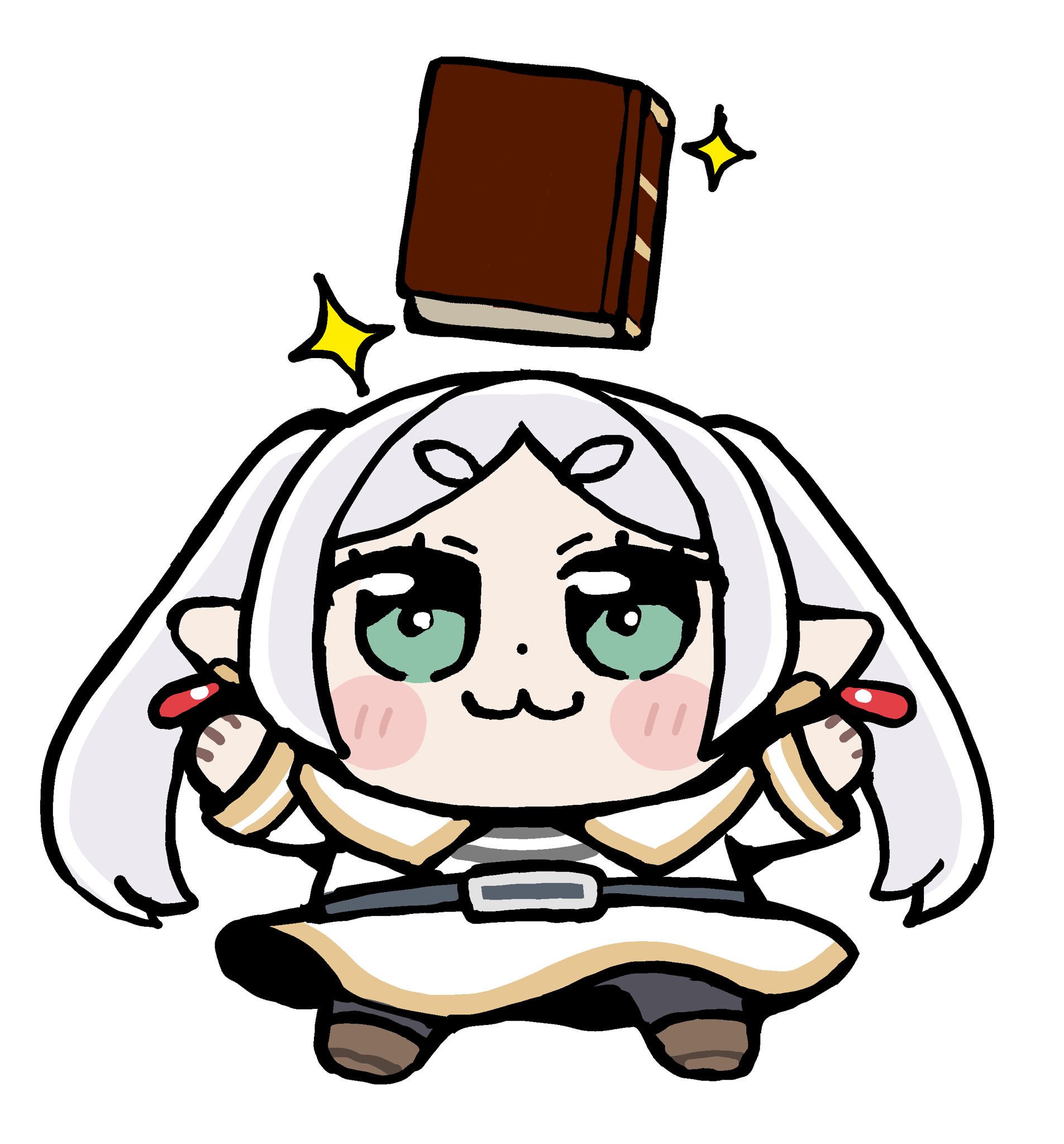 bkub, frieren, sousou no frieren, highres, 1girl, :3, black pantyhose, black shirt, blush stickers, book, brown shoes, capelet, chibi, chibi only, closed mouth, earrings, floating, floating object, full body, green eyes, jewelry, long hair, long sleeves, pantyhose, parted bangs, shirt, shoes, simple background, skirt, smile, solo, sparkle, standing, striped clothes, striped shirt, thick eyebrows, twintails, white background, white capelet, white hair, white skirt