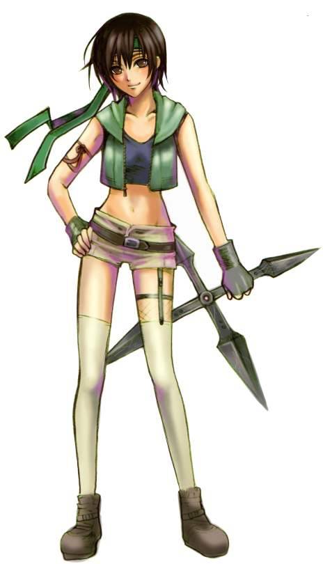 yuffie kisaragi, final fantasy, final fantasy vii, 1990s (style), 1girl, belt, boots, brown eyes, brown hair, female focus, fingerless gloves, full body, gloves, headband, hood, hoodie, midriff, retro artstyle, short hair, shorts, simple background, solo, thighhighs, white thighhighs
