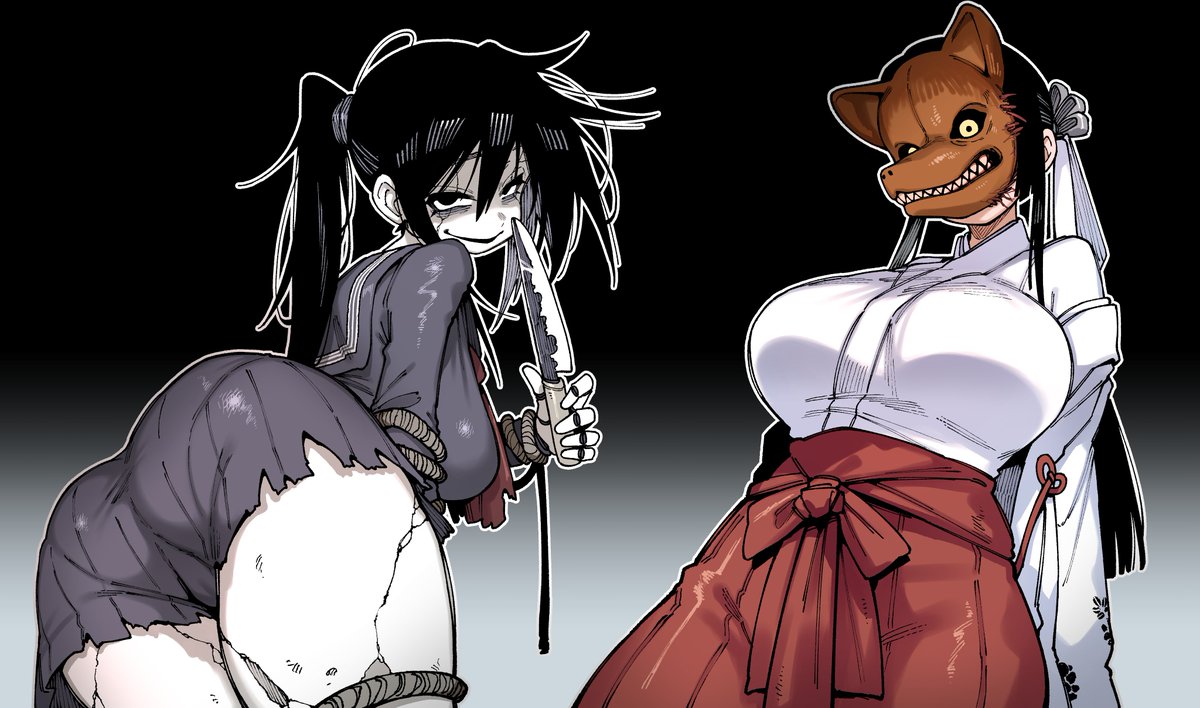 karasu raven, ayakakashi, silent hill, silent hill (series), silent hill f, 2girls, ass, ass focus, black hair, breasts, cowboy shot, creepy, creepy eyes, creepy smile, doll, doll joints, fox mask, gluteal fold, holding, holding knife, holding weapon, huge breasts, japanese clothes, joints, kimono, knife, long hair, long skirt, long sleeves, looking at viewer, mask, masked, masked famale, miko, monster, monster girl, multiple girls, ponytail, red skirt, sailor collar, school uniform, skirt, smile, smirk, teeth, turning around, weapon, white kimono