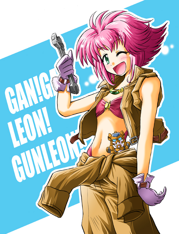 wakabayashi makoto, mail beater, mel peter, banpresto, super robot wars, super robot wars z, super robot wars z1, 1girl, ;d, female focus, gloves, green eyes, mecha, midriff, one eye closed, open mouth, pink hair, robot, smile, solo, wink, wrench