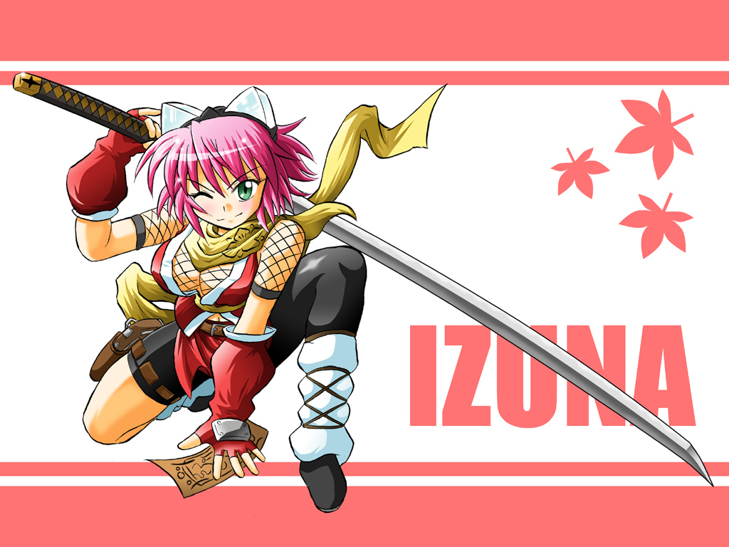 wakabayashi makoto, izuna (gouma reifuden izuna), gouma reifuden izuna, 1girl, breasts, character name, cleavage, female focus, fishnets, gloves, goggles, green eyes, large breasts, ninja, one eye closed, pink hair, solo, sword, thigh strap, weapon, wink