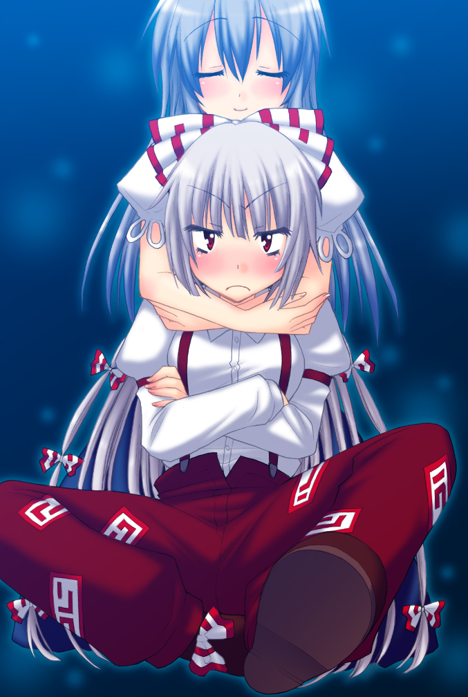saki chisuzu, fujiwara no mokou, kamishirasawa keine, touhou, 2girls, blush, female focus, hug, multiple girls, yuri