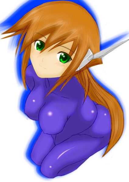 aile (mega man zx), capcom, mega man (series), mega man zx, mega man zx advent, derivative work, 1girl, bodysuit, breasts, brown hair, female focus, green eyes, latex, latex suit, long hair, smile, solo, spandex
