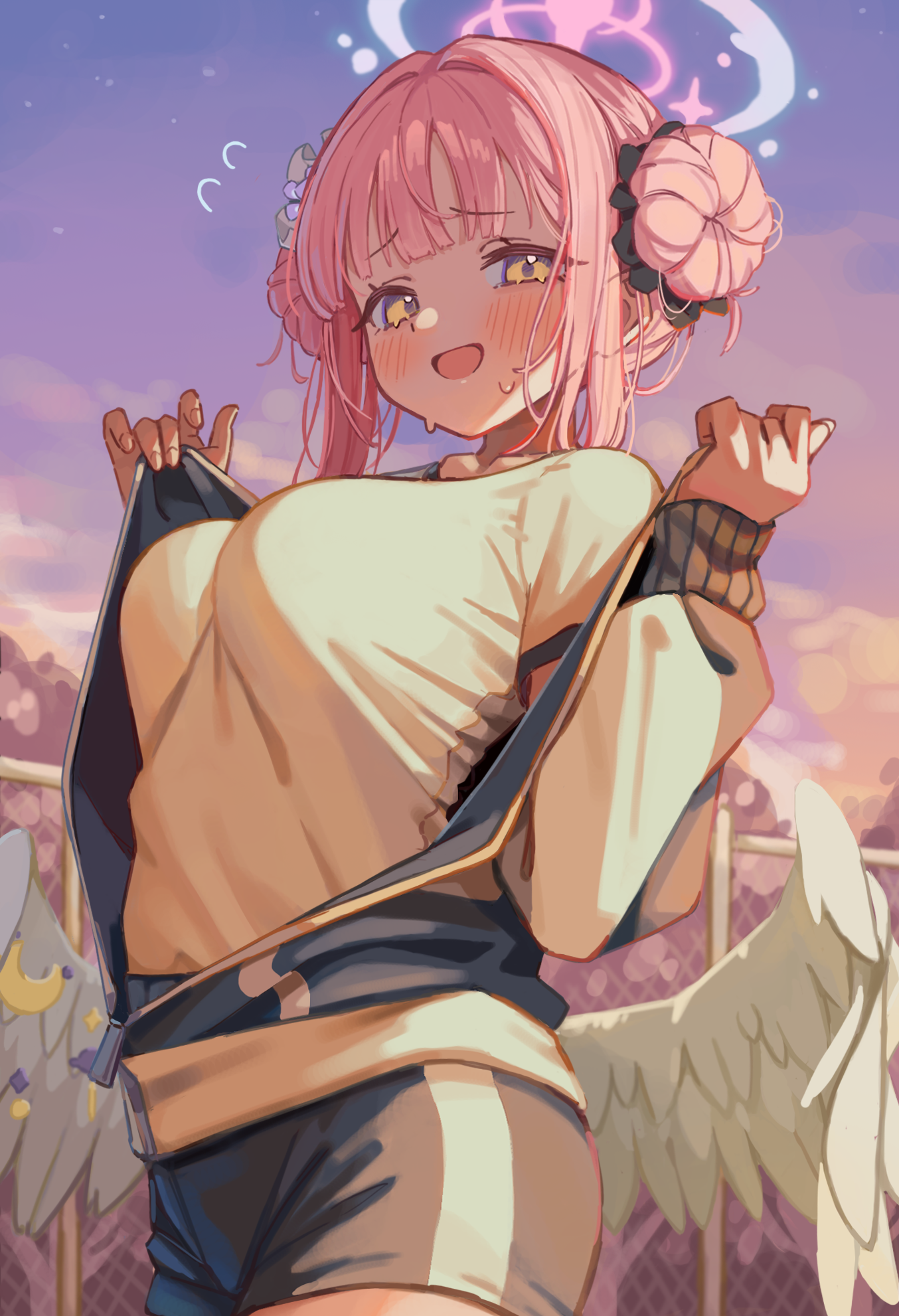 masute, mika (blue archive), blue archive, commentary request, highres, 1girl, black jacket, blush, breasts, center opening, double bun, feathered wings, gym shorts, hair bun, halo, jacket, large breasts, looking at viewer, low wings, open mouth, opened by self, pink hair, pink halo, shirt, short shorts, shorts, smile, solo, white shirt, white wings, wings, yellow eyes