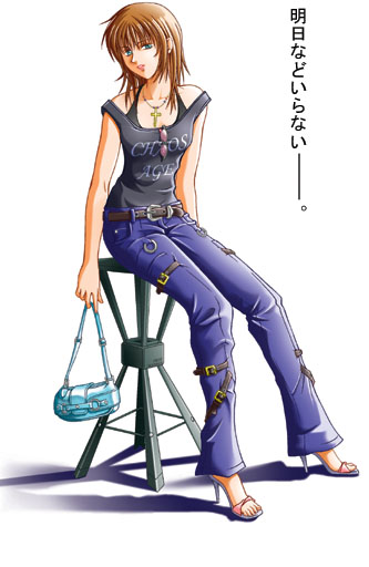 masahiko hirota, 1girl, bag, belt, buckle, cross, female focus, high heels, shoes, solo, stool, sunglasses