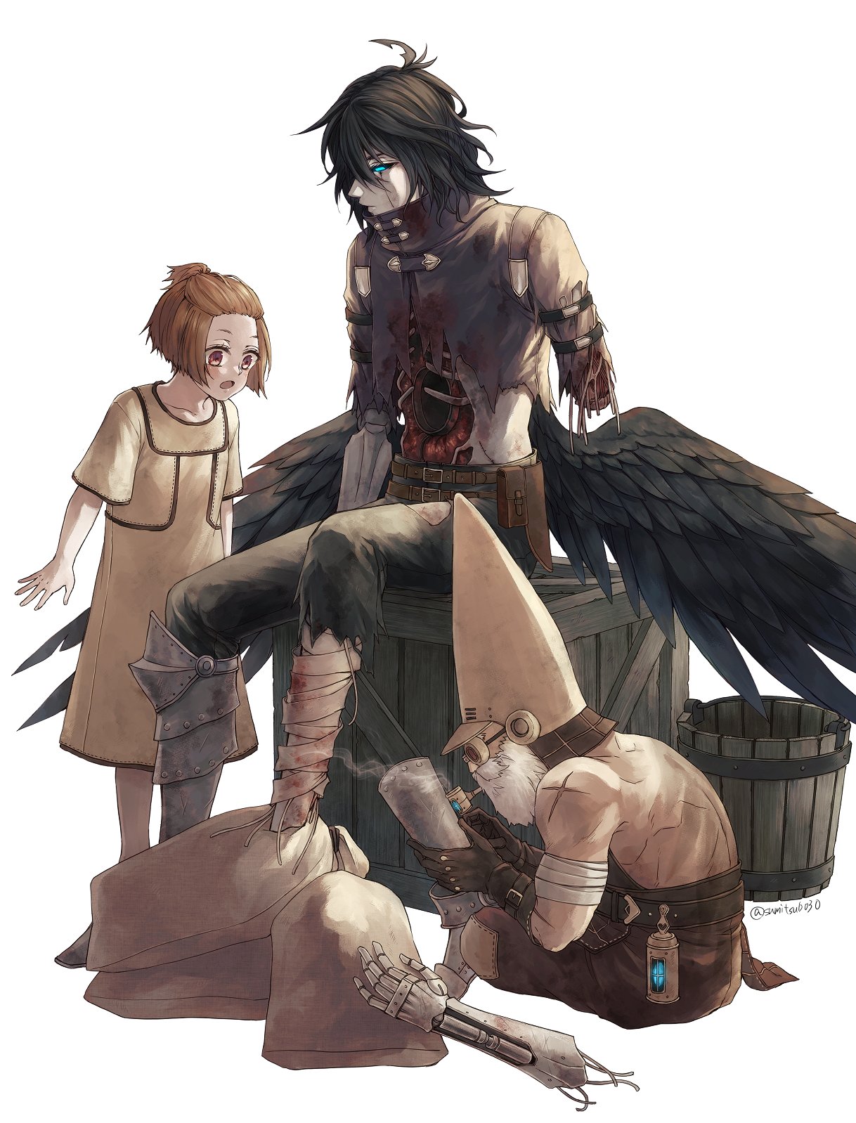 sorakaze (mire), levy (ender magnolia), yolvan (ender magnolia), ender lilies quietus of the knights, ender magnolia bloom in the mist, highres, 1girl, 2boys, android, bandages, beard, black hair, black wings, blue eyes, brown eyes, brown hair, detached arm, facial hair, feathered wings, gordon (ender magnolia), maintenance, mechabare, multiple boys, open mouth, ribs, science fiction, sitting, wings
