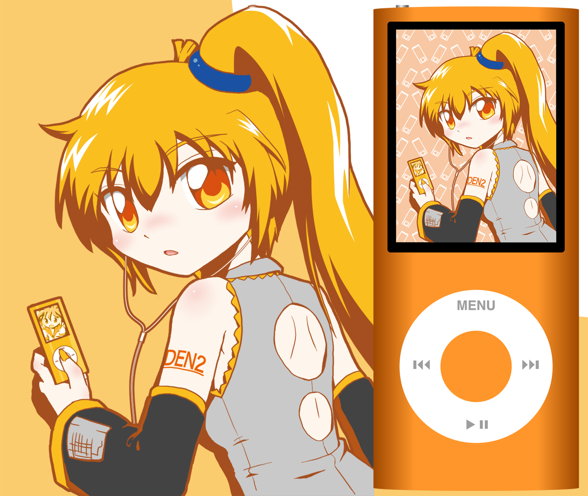 yagi gojou, yagigojou (artist), akita neru, vocaloid, 1girl, blonde hair, blush, detached sleeves, digital media player, earphones, female focus, ipod, ipod nano, ipod nano 4g, long hair, ponytail, side ponytail, solo, yellow eyes