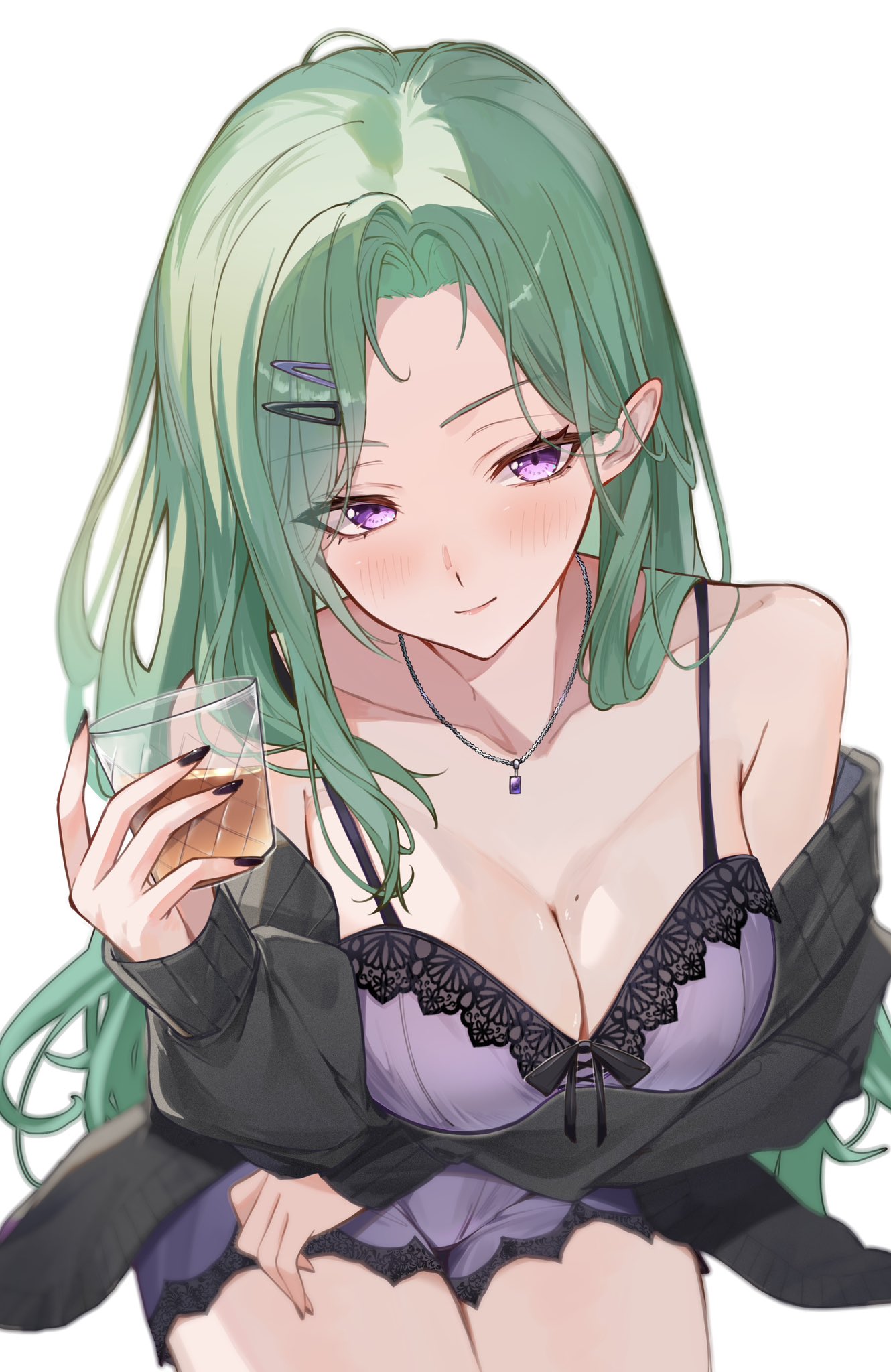 yakumo beni, yakumo beni (5th costume), vspo!, highres, 1girl, bare shoulders, black cardigan, black nails, breasts, camisole, cardigan, cleavage, cup, from above, green hair, hair ornament, hairclip, holding, holding cup, jewelry, large breasts, long hair, long sleeves, looking at viewer, mole, mole on breast, necklace, open clothes, pa factory, purple camisole, purple eyes, solo, virtual youtuber, white background