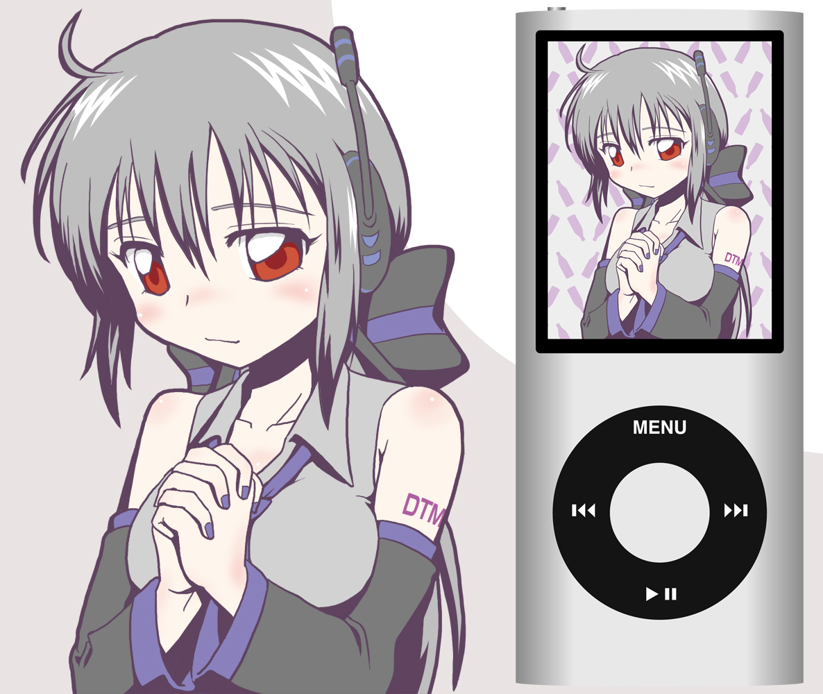yagi gojou, yagigojou (artist), yowane haku, vocaloid, silver hair, 1girl, blouse, blush, breasts, detached sleeves, digital media player, female focus, grey shirt, headphones, ipod, ipod nano, ipod nano 4g, long hair, red eyes, ribbon, shirt, solo