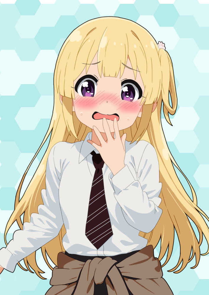 mizusaki johnko, fujima sakura, 22/7, 1girl, blonde hair, blue background, blush, brown necktie, cardigan, cardigan around waist, clothes around waist, collared shirt, cowboy shot, embarrassed, hair rings, hand to own mouth, long hair, long sleeves, looking at viewer, necktie, one side up, open mouth, purple eyes, shirt, single hair ring, solo, standing, straight-on, sweat, wavy mouth, white shirt