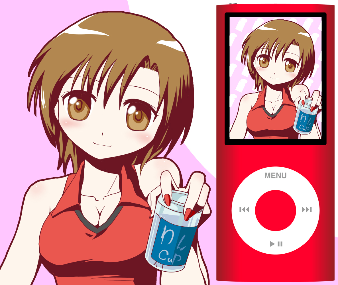 yagi gojou, yagigojou (artist), meiko (vocaloid), vocaloid, 1girl, alcohol, beer can, breasts, brown eyes, brown hair, can, digital media player, drink can, female focus, ipod, ipod nano, ipod nano 4g, short hair, solo