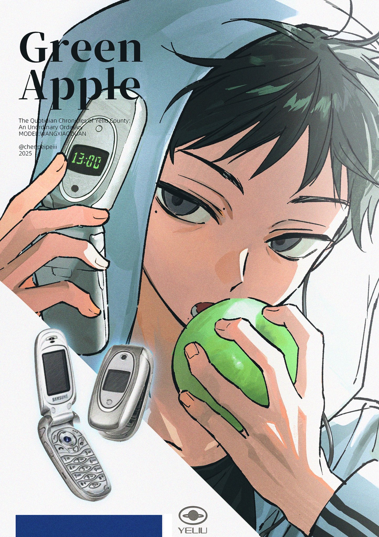 chenpeipeii, hinata hajime, danganronpa (series), danganronpa 2: goodbye despair, highres, 1boy, apple, artist name, black eyes, black hair, black shirt, eating, food, fruit, holding, holding phone, jacket, male focus, open clothes, open jacket, phone, shirt, signature, solo, twitter username