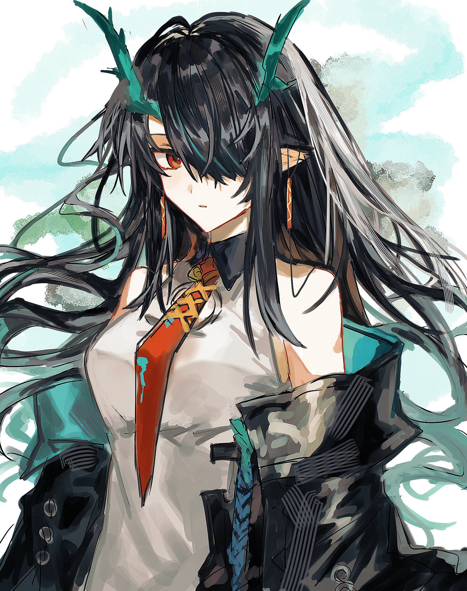 dusk (arknights), arknights, commentary request, highres, 1girl, aqua hair, aqua horns, aqua streaks, bare shoulders, black hair, black jacket, breasts, clothes down, colored tips, dot nose, dragon girl, dragon horns, dress, earrings, hair between eyes, hair over one eye, hair spread out, horns, jacket, jewelry, long hair, long sleeves, looking at viewer, medium breasts, multicolored hair, necktie, nktg, parted lips, pointy ears, red eyes, red necktie, solo, tassel, tassel earrings, white dress