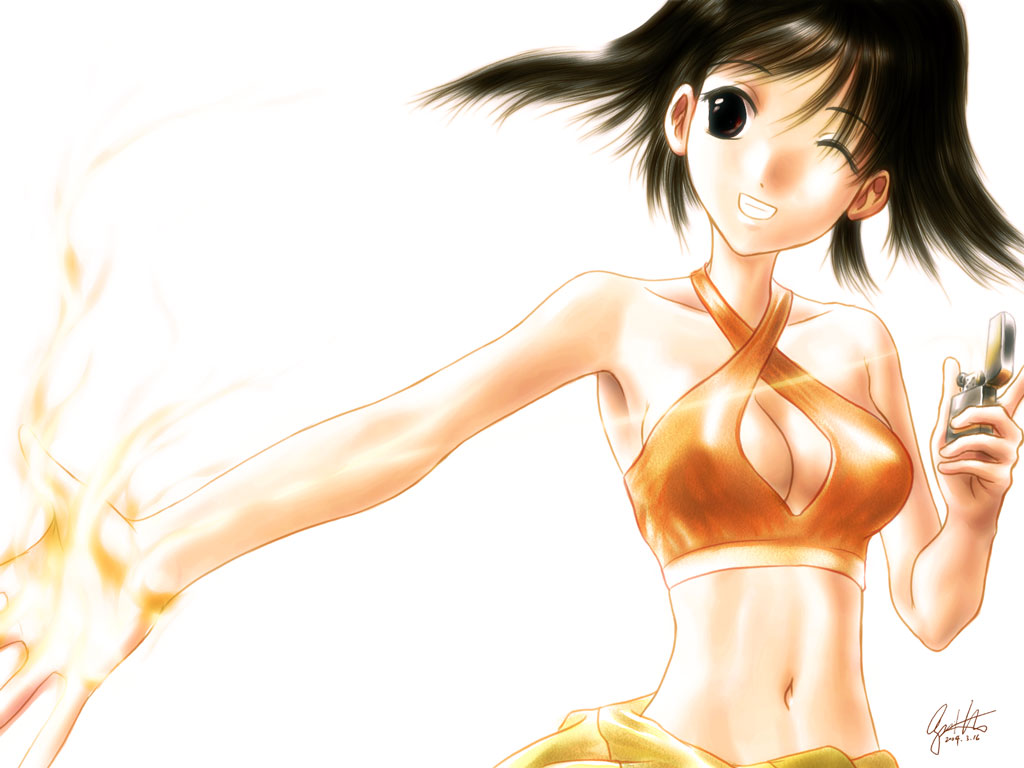 s zenith lee, tobise tomoe, memories off, memories off 2nd, bikini, black hair, fire, lighter, orange bikini, short hair, swimsuit