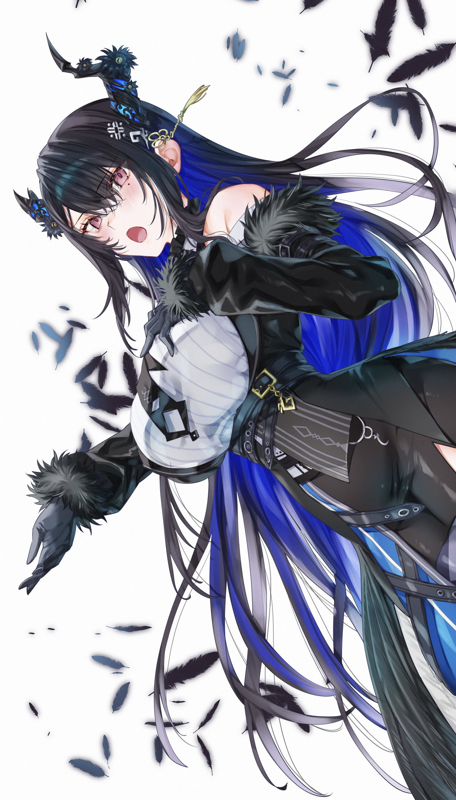 kamiya maneki, nerissa ravencroft, nerissa ravencroft (1st costume), hololive, hololive english, absurdres, commentary request, commission, highres, 1girl, asymmetrical horns, black bow, black bowtie, black gloves, black hair, black skirt, black vest, blue hair, bow, bowtie, breast strap, breasts, clothing cutout, collared shirt, colored inner hair, dress shirt, dutch angle, falling feathers, feather-trimmed sleeves, feathers, flower, flower knot, framed breasts, gloves, hair ornament, horn flower, horns, large breasts, long hair, long sleeves, miniskirt, mole, mole under eye, multicolored hair, music, open mouth, pencil skirt, purple eyes, ribbed shirt, shirt, shoulder cutout, side slit, sidelocks, simple background, singing, skirt, solo, tassel, tassel hair ornament, underbust, uneven horns, very long hair, vest, virtual youtuber, white background, white shirt