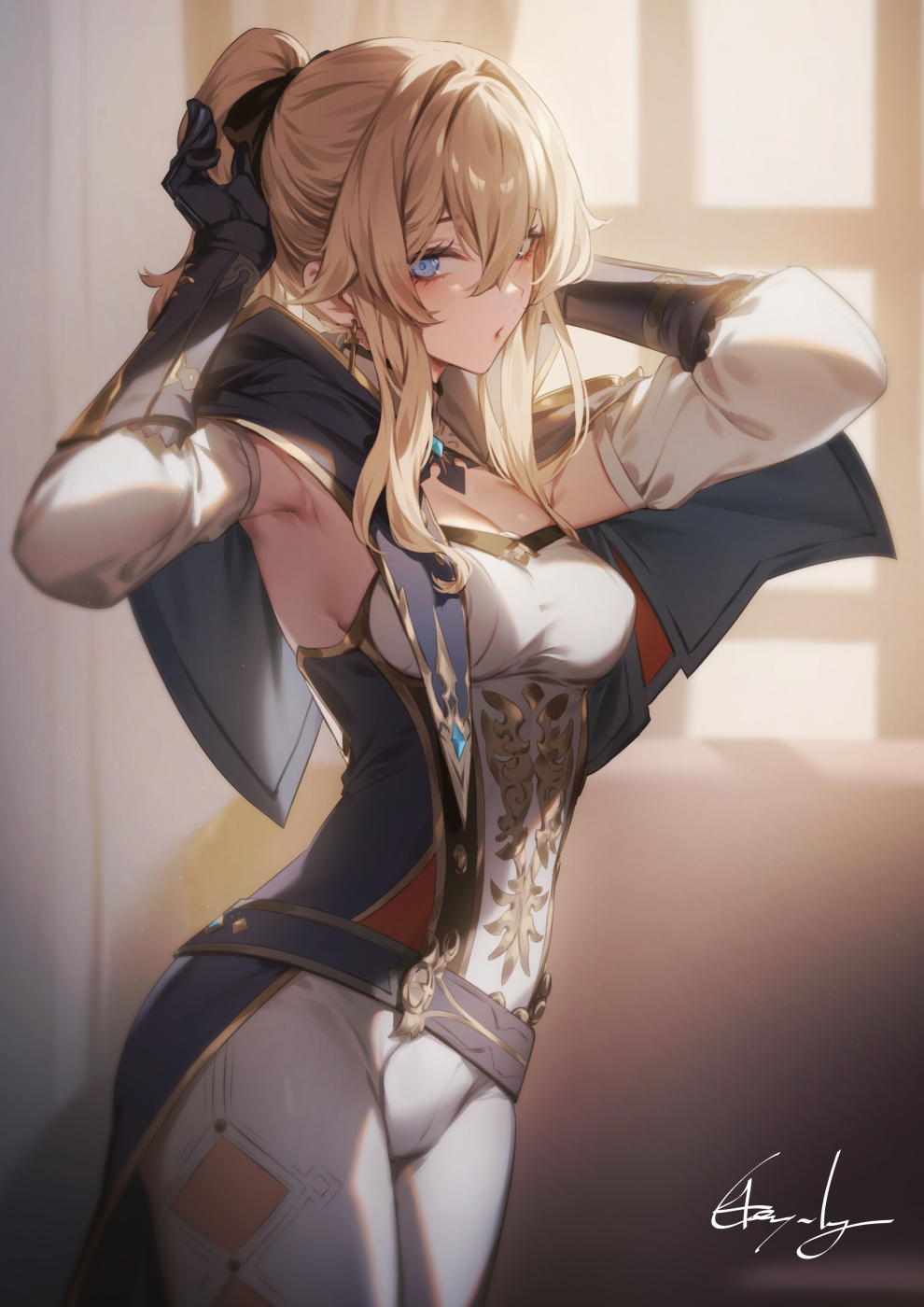 genyaky, jean (genshin impact), genshin impact, highres, 1girl, arms up, belt, blonde hair, blue capelet, blue eyes, blush, bow, breasts, capelet, cleavage, gauntlets, hair bow, large breasts, long hair, looking at viewer, multicolored capelet, pants, ponytail, sidelocks, solo, tight clothes, tight pants, white pants