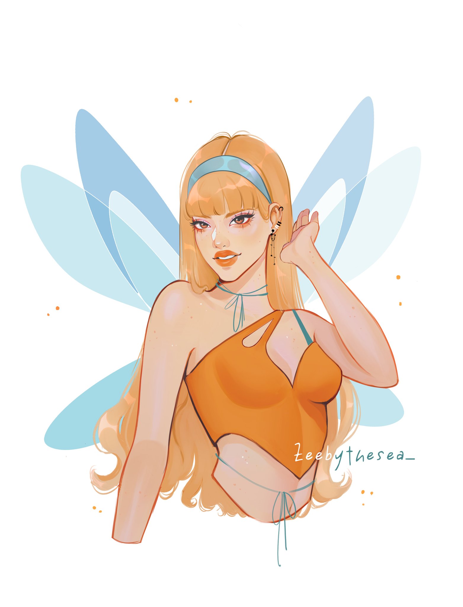 zeebythesea, stella (winx club), winx club, highres, 1girl, artist name, asymmetrical shirt, blonde hair, blue hairband, blue wings, brown eyes, choppy bangs, cord choker, crop top, cropped torso, ear piercing, earrings, fairy wings, hairband, halterneck, hand up, jewelry, light particles, light smile, long hair, looking at viewer, orange lips, orange shirt, parted lips, piercing, redesign, shirt, single strap, thick eyebrows, thick lips, upper body, wavy ends, wings