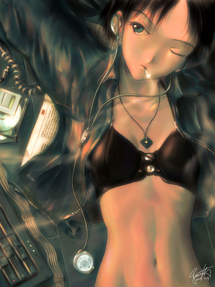 s zenith lee, 1girl, black hair, bra, cigarette, computer, computer keyboard, earphones, female focus, green eyes, headphones, keyboard, lingerie, midriff, one eye closed, open clothes, open shirt, shirt, smoking, solo, underwear, wink