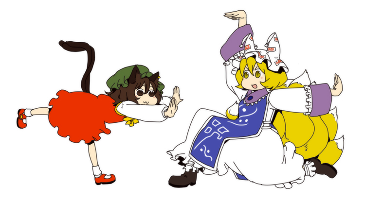 yukizen, chen, yakumo ran, touhou, bad id, bad pixiv id, 2girls, :3, animal ears, animal hat, balancing, blonde hair, brown eyes, brown hair, cat ears, cat girl, cat tail, chibi, earrings, female focus, fox tail, hat, jewelry, long sleeves, mob cap, multiple girls, multiple tails, shoes, short hair, socks, swastika, tail, tassel, white background, wide sleeves, yellow eyes