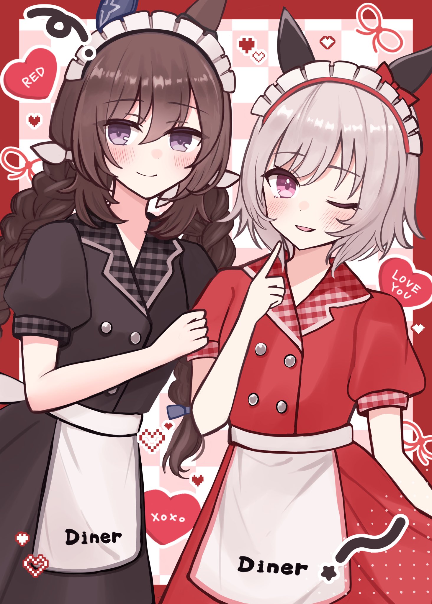 mayuchi427, admire vega (umamusume), curren chan (umamusume), umamusume, highres, 2girls, alternate costume, animal ears, apron, black shirt, black skirt, blush, bow, braid, breasts, brown hair, closed mouth, ear bow, ear covers, english text, grey hair, hair between eyes, headdress, heart, horse ears, horse girl, long hair, looking at viewer, multiple girls, one eye closed, open mouth, purple eyes, red bow, red shirt, red skirt, shirt, short hair, short sleeves, single ear cover, skirt, smile, twin braids, twintails, waist apron, waitress, white apron, white headdress