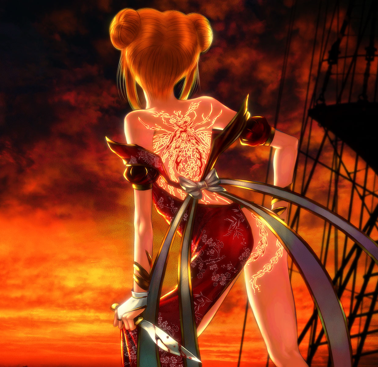 s zenith lee, original, highres, 1girl, ass, back, back tattoo, backless dress, backless outfit, bare back, bare shoulders, blonde hair, blood, chinese clothes, cloud, double bun, dress, evening, female focus, from behind, hair bun, hands on own hips, knife, legs, reverse grip, sky, solo, tattoo