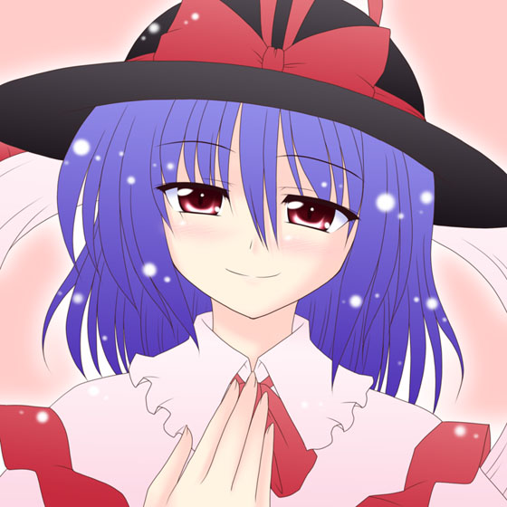 bococho, nagae iku, touhou, bad id, bad pixiv id, 1girl, blue hair, blush, capelet, female focus, frills, gradient background, hat, red eyes, shawl, solo