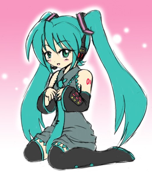 wakabayashi makoto, hatsune miku, vocaloid, 1girl, aqua hair, female focus, headset, long hair, sketch, solo, thighhighs, twintails, very long hair
