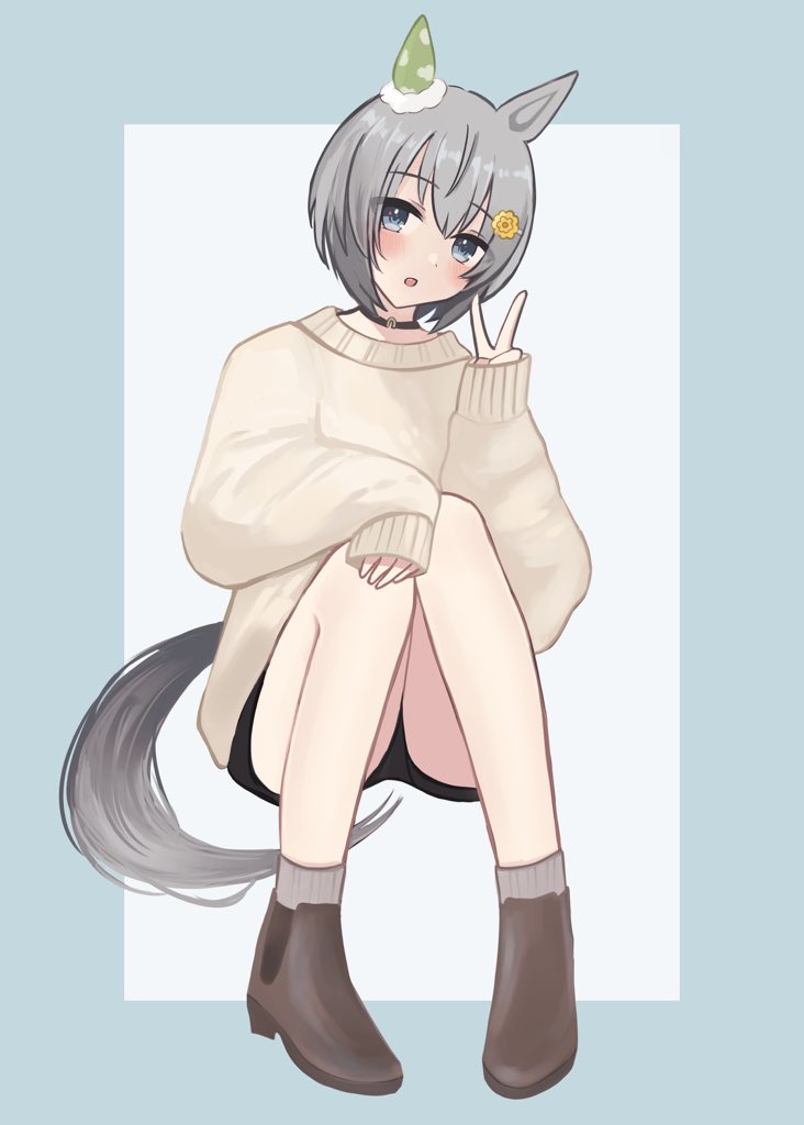mayuchi427, seiun sky (umamusume), umamusume, 1girl, animal ears, black shorts, blue eyes, blush, brown choker, choker, ear covers, flower, grey hair, hair between eyes, hair flower, hair ornament, hairclip, horse ears, horse girl, horse tail, knees up, looking at viewer, open mouth, shoes, short hair, shorts, simple background, single ear cover, socks, solo, sunflower, sunflower hair ornament, sweater, tail, v, white sweater